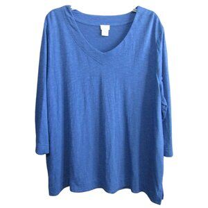 Chicos Blue Cotton Modal Top Size XXL 4 V Neck 3/4 Sleeve Womens Casual Vacation